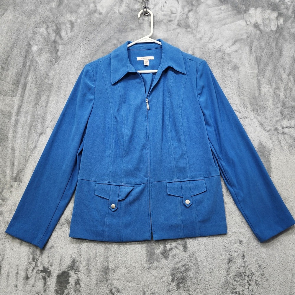Vintage JM Collection Jacket Womens 8 Blue Zip Front Snap Pocket Stretch Sueded